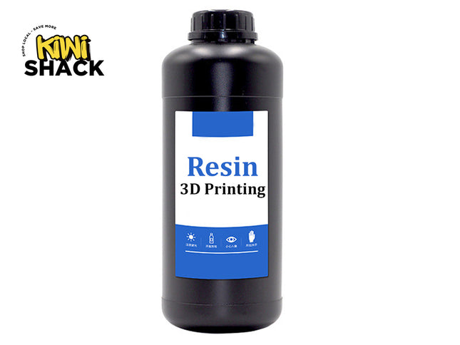 A black bottle of Kiwi Shack Resin 3D Printing material with a white and blue label, shown on a plain white background with the Kiwi Shack logo in the top-left corner.