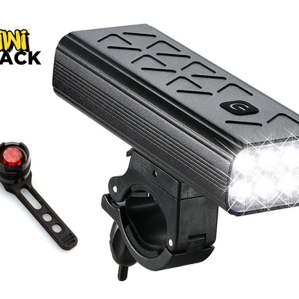 Bicycle light with red reflector on a white background, featuring Kiwi Shack logo.