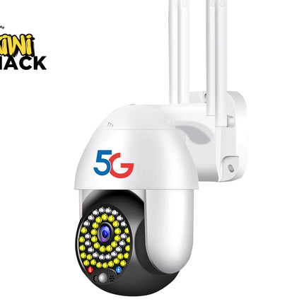 White security camera with 5G connectivity on a white background, featuring the Kiwi Shack brand.
