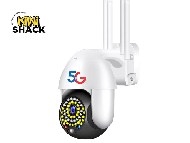 White security camera with 5G connectivity on a white background, featuring the Kiwi Shack brand.