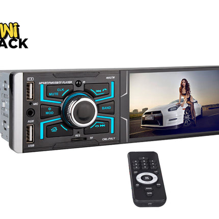 Car multimedia player with screen and remote control on a white background, featuring the Kiwi Shack brand.