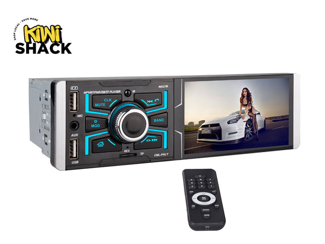 Car multimedia player with screen and remote control on a white background, featuring the Kiwi Shack brand.
