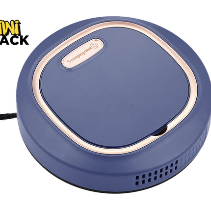 Blue robot vacuum cleaner with 'Kiwi Shack' branding on a white background