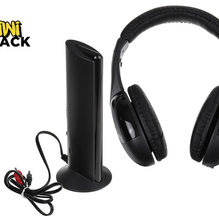 Black over-ear headphones displayed next to a matching black vertical stand and a short audio cable on a white background, with the Kiwi Shack logo in the top-left corner.
