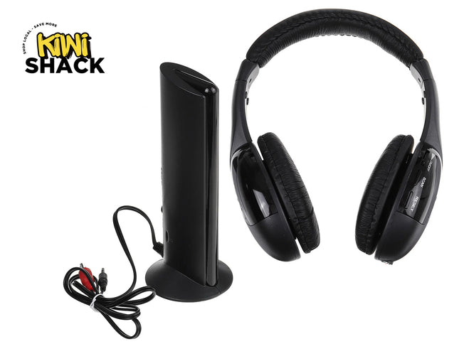 Black over-ear headphones displayed next to a matching black vertical stand and a short audio cable on a white background, with the Kiwi Shack logo in the top-left corner.