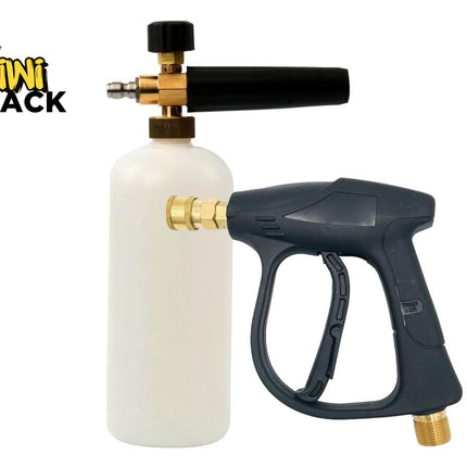 Foam cannon and pressure washer gun with Kiwi Shack logo on a white background