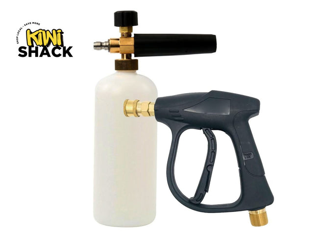 Foam cannon and pressure washer gun with Kiwi Shack logo on a white background