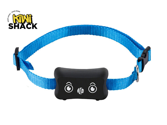 A blue nylon pet collar with a black electronic transmitter device in the center, featuring white cartoon eyes and a speaker icon. The brand logo 'KIWI SHACK' is visible in the top-left corner on a plain white background.