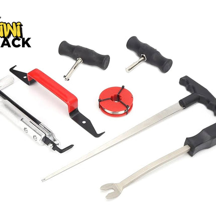Set of bicycle repair tools on a white background with 'Kiwi Shack' branding.