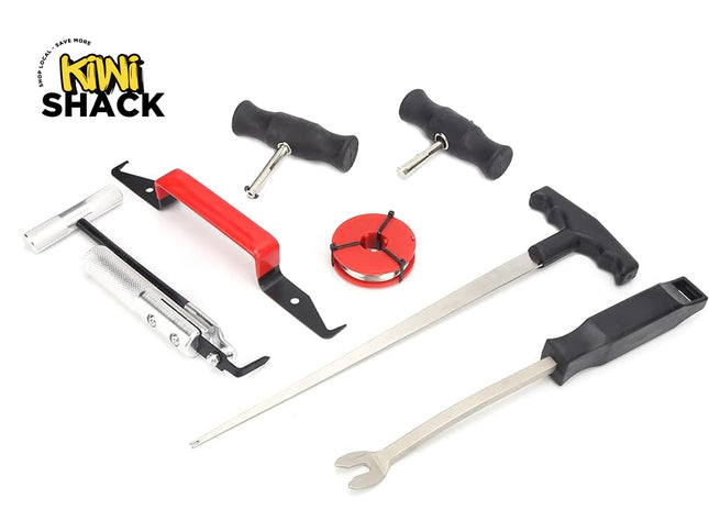 Set of bicycle repair tools on a white background with 'Kiwi Shack' branding.