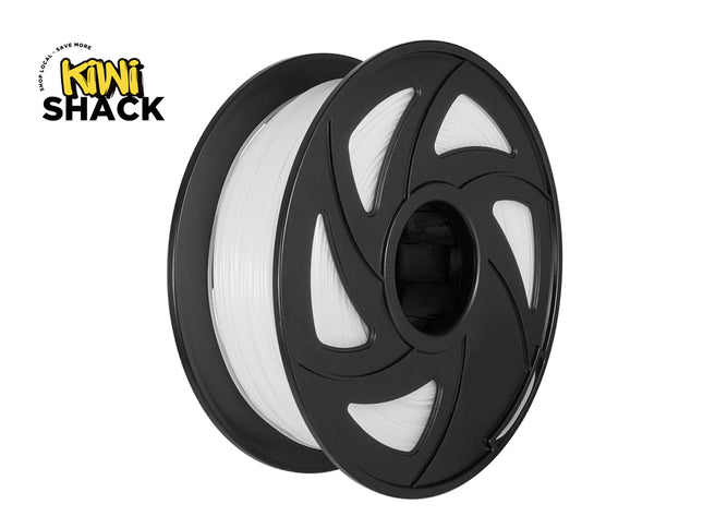 Spool of white filament on a black spool with Kiwi Shack logo.
