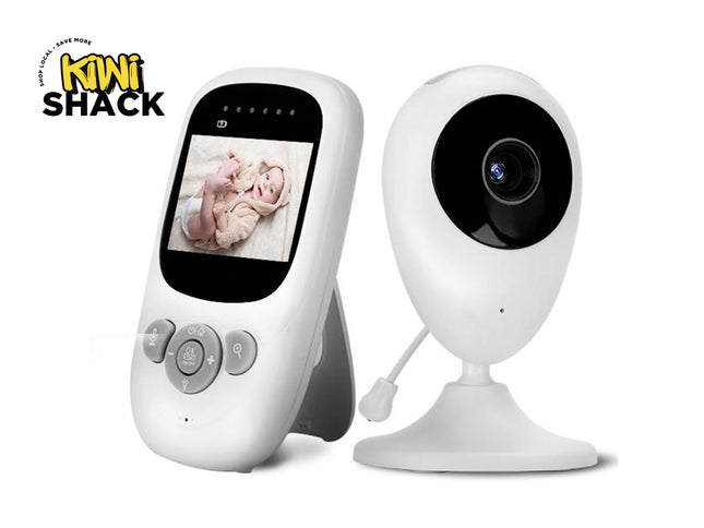 Baby monitor with screen and camera on a white background, branded 'Kiwi Shack'.