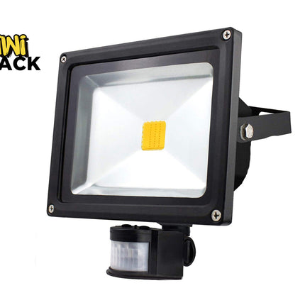 Black flood light with motion sensor on a white background, branded as Kiwi Shack.