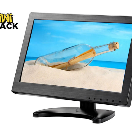 Small monitor displaying a beach scene with a bottle on a white background, featuring the Kiwi Shack logo.