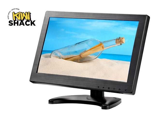 Small monitor displaying a beach scene with a bottle on a white background, featuring the Kiwi Shack logo.