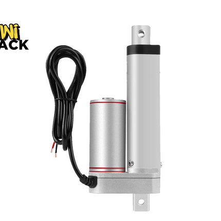 A silver aluminum mini electric linear motor with an attached black power cable, shown against a plain white background with the 'Mini Shack' brand logo in the top-left corner.