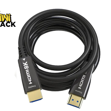 A coiled black HDMI 8K cable with gold and blue connector tips, shown on a white background with a Kiwi Shack logo in the top-left corner.