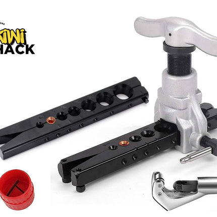 A flaring tool kit consisting of a silver yoke with a T-handle, black clamping bars with various-sized die holes, a pipe cutter, and a red deburring tool, featuring a "Kiwi Shack" logo in the top left corner.