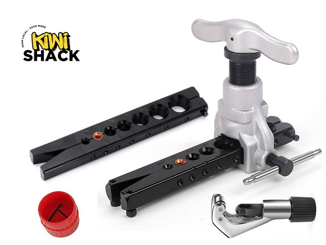 A flaring tool kit consisting of a silver yoke with a T-handle, black clamping bars with various-sized die holes, a pipe cutter, and a red deburring tool, featuring a "Kiwi Shack" logo in the top left corner.