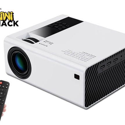 White projector with remote control on a white background, featuring the Kiwi Shack logo.