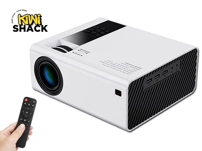 White projector with remote control on a white background, featuring the Kiwi Shack logo.