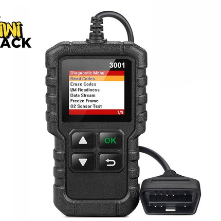 A handheld black OBD2 car diagnostic scanner tool with a color screen and menu navigation buttons, featuring the "Kiwi Shack" logo in the top-left corner.