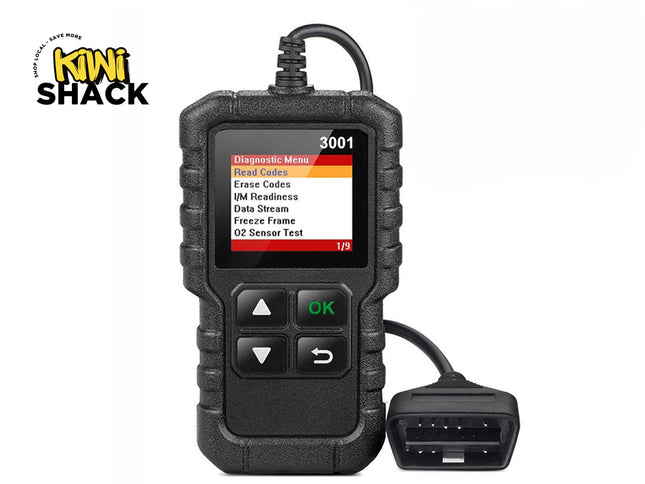 A handheld black OBD2 car diagnostic scanner tool with a color screen and menu navigation buttons, featuring the "Kiwi Shack" logo in the top-left corner.