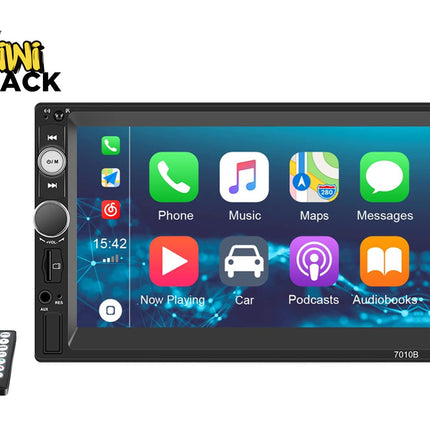 Car multimedia system with touchscreen display and remote control, branded as Kiwi Shack.