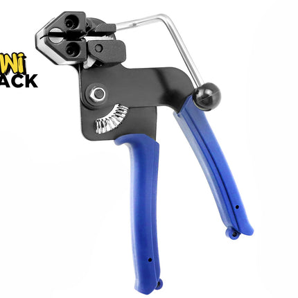 A manual wire stripping tool with blue grips, a tension spring mechanism, an adjustable guide bar with a ball end, and a cutting head, featuring a "Kiwi Shack" logo in the top left corner.