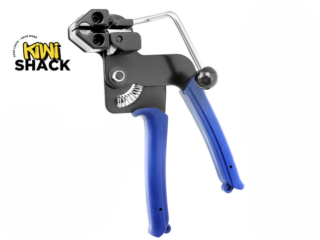 A manual wire stripping tool with blue grips, a tension spring mechanism, an adjustable guide bar with a ball end, and a cutting head, featuring a "Kiwi Shack" logo in the top left corner.
