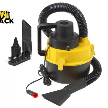Kiwi Shack portable 12V automotive car vacuum cleaner with wet and dry capability, flexible hose, and nozzle attachments.