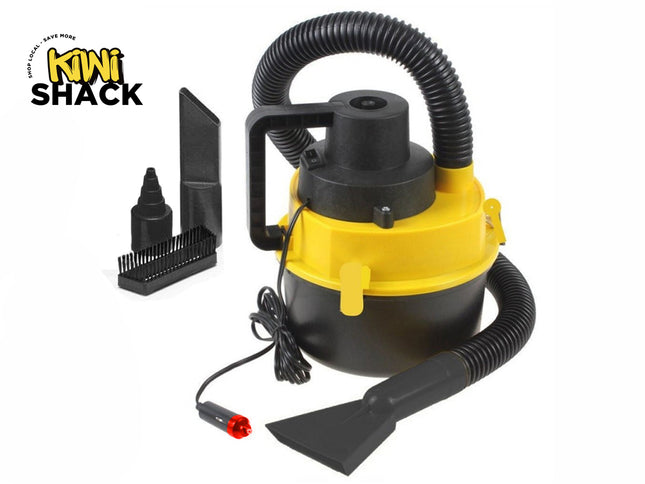 Kiwi Shack portable 12V automotive car vacuum cleaner with wet and dry capability, flexible hose, and nozzle attachments.