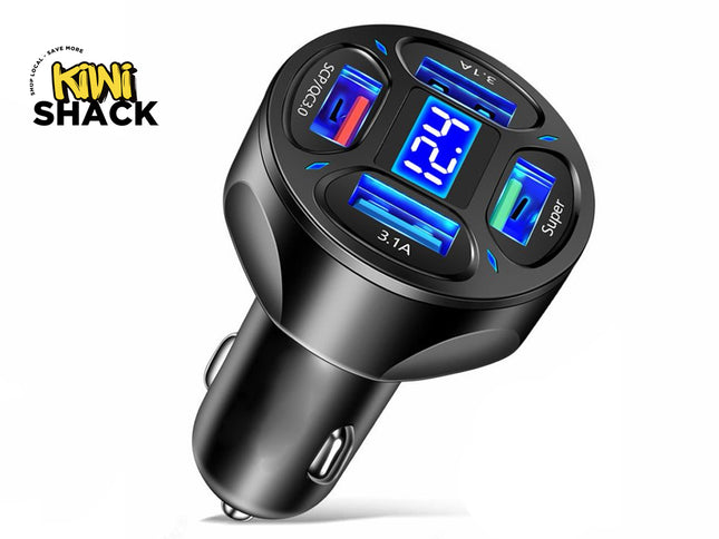 A black multi-port USB car charger with a digital voltage display showing "12.4" in the center and multiple USB ports around it, featuring a "Kiwi Shack" logo in the top left corner.