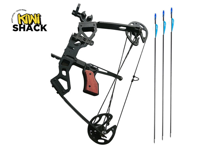 Compound bow with arrows on a white background, featuring the Kiwi Shack brand.