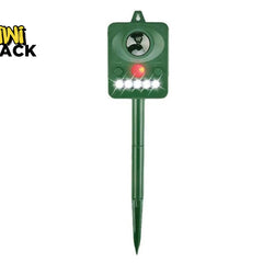 Kiwi Shack outdoor ultrasonic pest and animal repeller with flashing LED strobe lights and garden stake.