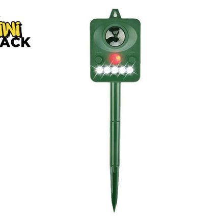 Kiwi Shack outdoor ultrasonic pest and animal repeller with flashing LED strobe lights and garden stake.