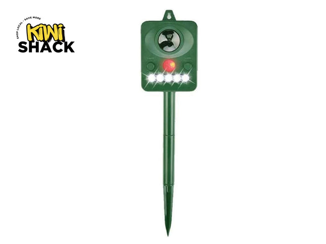 Kiwi Shack outdoor ultrasonic pest and animal repeller with flashing LED strobe lights and garden stake.