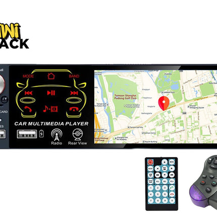 A car multimedia player head unit with a large touchscreen display showing a map, alongside a separate remote control and a black mounting bracket. The head unit has physical controls on the left including a silver rotary knob, USB ports, and audio jacks.