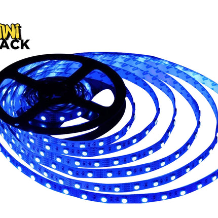 A spool of glowing blue LED strip lights uncoiled against a white background, with the "Kiwi Shack" logo visible in the upper left corner.