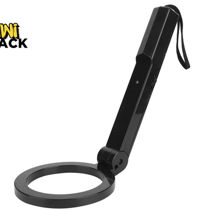 A compact, foldable black handheld metal detector with a round search coil and a wrist strap, featuring the "Kiwi Shack" logo in the top-left corner.