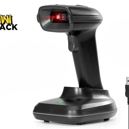 A black handheld wireless barcode scanner docked on a matching charging base with a glowing indicator light, accompanied by a USB cable on the right, set against a white background with the "Kiwi Shack" logo in the top left corner.
