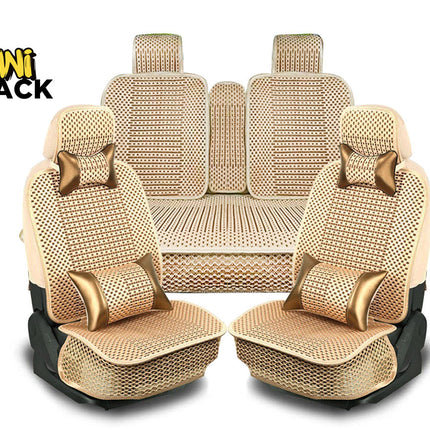 A set of car seat covers and matching center console pad in a beige and brown woven pattern, displayed on a white background with the 'Kini Shack' logo in the top left corner.