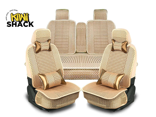 A set of car seat covers and matching center console pad in a beige and brown woven pattern, displayed on a white background with the 'Kini Shack' logo in the top left corner.