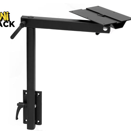 Matte black articulating projector or platform wall-mount arm with vertical height-adjustment track, locking adjustment levers, top mounting plate, and Kiwi Shack logo in top left.
