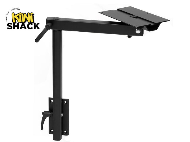 Matte black articulating projector or platform wall-mount arm with vertical height-adjustment track, locking adjustment levers, top mounting plate, and Kiwi Shack logo in top left.