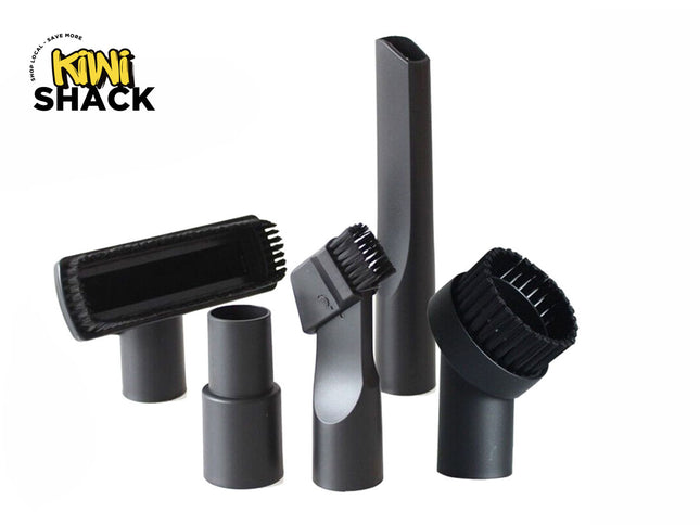 A set of various black vacuum cleaner attachment nozzles and dusting brushes featuring the "Kiwi Shack" logo in the top-left corner.