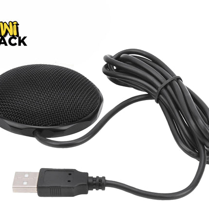 A black circular USB boundary conference microphone with a mesh grille, an attached coiled cable, and a USB connector against a white background, featuring the "Kiwi Shack" logo in the upper left corner.