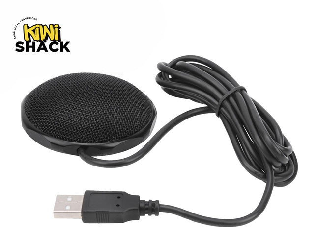 A black circular USB boundary conference microphone with a mesh grille, an attached coiled cable, and a USB connector against a white background, featuring the "Kiwi Shack" logo in the upper left corner.