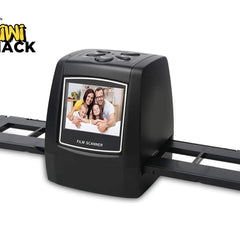 Film scanner with a display showing a family photo, branded as Kiwi Shack.