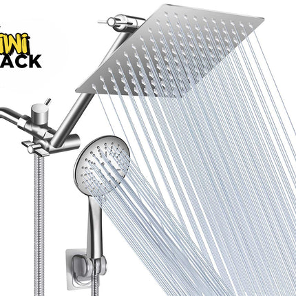 Kiwi Shack high-pressure rainfall shower head and handheld dual shower combo with adjustable extension arm.
